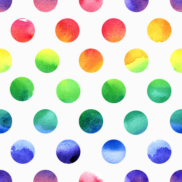 Rainbow watercolor seamless dots pattern.