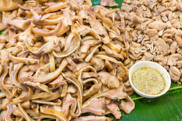 Thailand street food : pork stewed five-spice powder serve with spicy sauce.