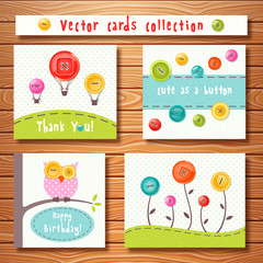 Vector cards collection with cute buttons. Perfect for baby shower, birthday and other events.