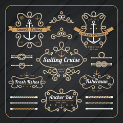 Vintage nautical rope frame labels set on dark wood background