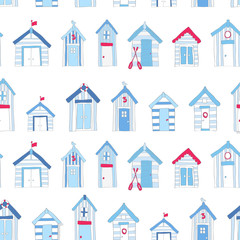 Fototapeta premium Hand Drawn Blue and Red Beach huts in a repeat pattern 
