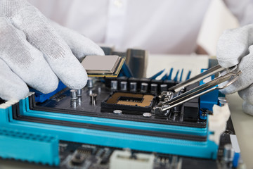 Person Installing Central Processor In Motherboard