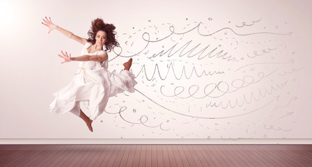 Pretty woman jumping with hand drawn lines and arrows come out