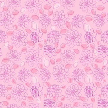 Seamless floral pattern with pink dahlias and leafs