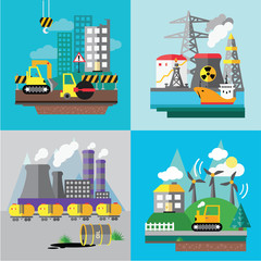Factory landscape, Ecology Concept - industry factory. Ecology Concept Vector Icons Set for Environment,  Flat style vector illustration