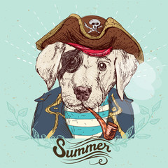 Illustration of pirate  dog on blue background in vector