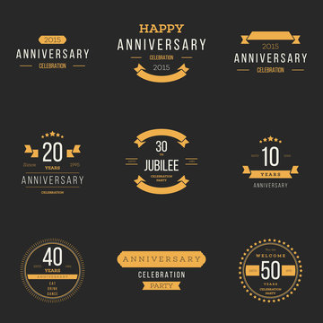 Vector set of anniversary signs, symbols. 10, 20, 30, 40, 50 years jubilee design elements collection.