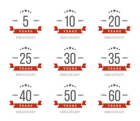Vector set of anniversary signs, symbols. 5,10, 20, 25, 30, 35, 40, 50,60 years jubilee design elements collection. 5th,10th, 20th, 25th, 30th, 35th, 40th, 50th,60th anniversary logos.