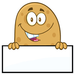 Smiling Potato Cartoon Character Over A Blank Sign