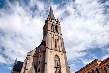 Fototapeta na wymiar Exterior of old gothic christian church in Prague, Czech Republic in Europe