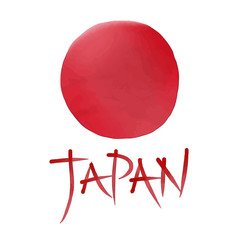 Hand drawn watercolor style red circle symbolizing japanese flag with the word "Japan" in handwriring.
