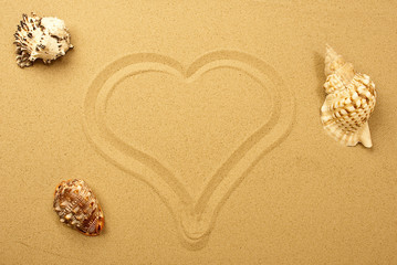 Fototapeta na wymiar Background with seashells and sand drawing hearts