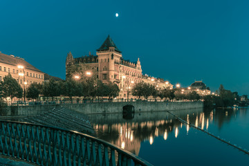 Fototapeta na wymiar Night Smetanovo waterfront in Prague, Czechia