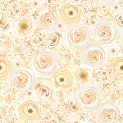 Seamless background with various light beige flowers. Vector.