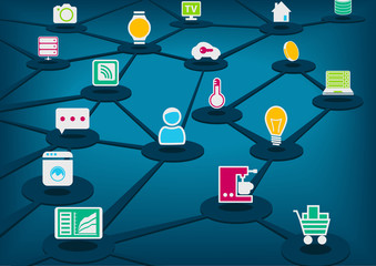 Internet of Things (IoT) vector illustration with connected devices. Dark blue background.
