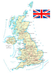 United Kingdom - detailed map - illustration. Map contains topographic contours, country and land names, cities, water objects, roads, railways.
