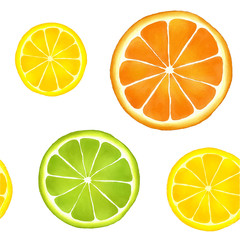 Seamless pattern of watercolor citrus fruits: orange, lemon and lime.