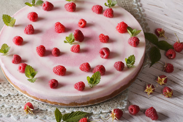 Beautiful food: raspberry cheesecake with mint horizontal
