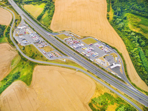 Aerial view of highway D5 gasoline station with parking nearby Pilsen, Czech republic, Central Europe. Transportation concept.
