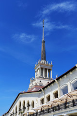 Building with a tower and spire