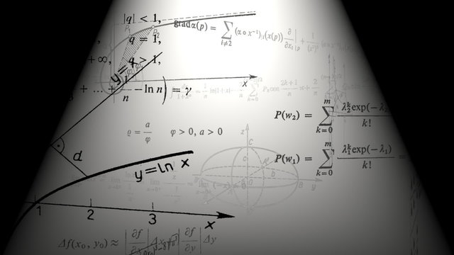 Flying mathematical formulas and graphs. Loopable animation. 