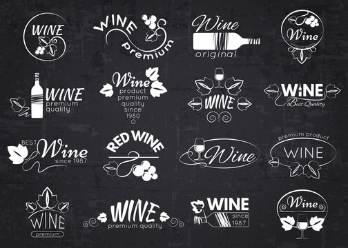 Set of wine labels, badges and logos for design over blackboard