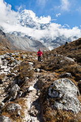 Fototapeta premium Woman backpacker standing in front Ama Dablam mountain. Vertical