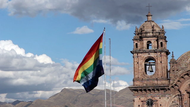 Cusco Flag Flying With Church Bell Tower