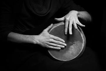  black and white photo of hand drum