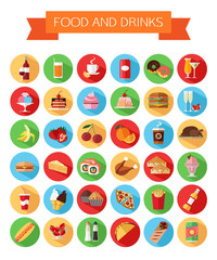 Set of colorful food and drinks icons. Flat style design