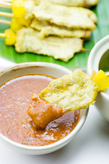 Grilled Pork Satay with Peanut Sauce and Vinegar, Thai food.