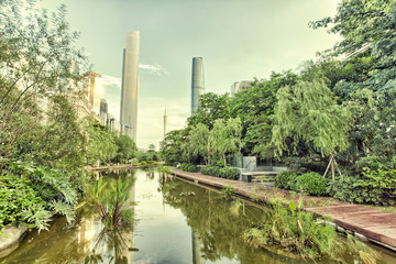 Park and skyscrapers in modern city