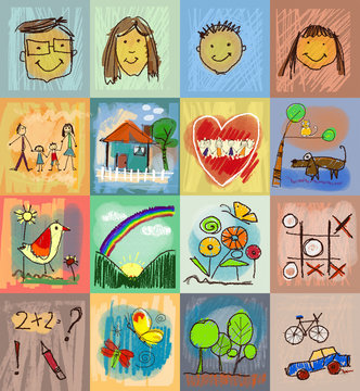 Collection of cute drawings of kids, Children's Drawing Styles. Multicolored symbols set with human family, animals, nature, objects on colorful background. Happy family concept