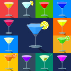 Set of flat colored cocktails in transparent glasses