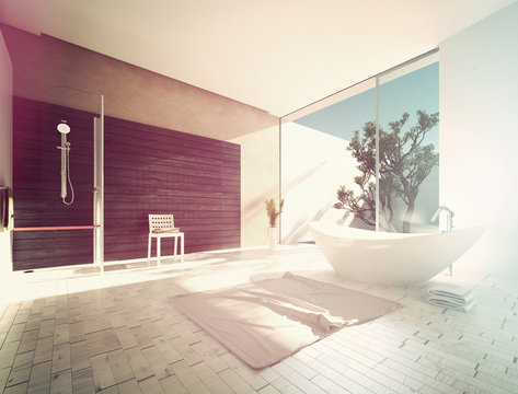 Modernes Badezimmer mit freistehender Wanne