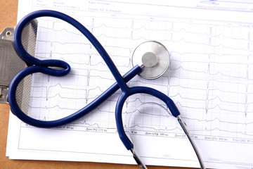 stethoscope in the shape of a heart on the table. Concept 3D