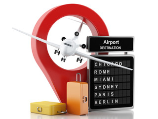  3d airport board, travel suitcases and airplane. Travel concept