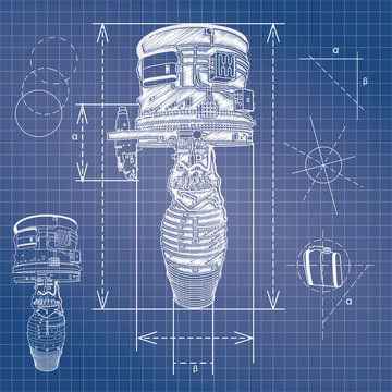 blueprint style vector outline airplane engine plan
