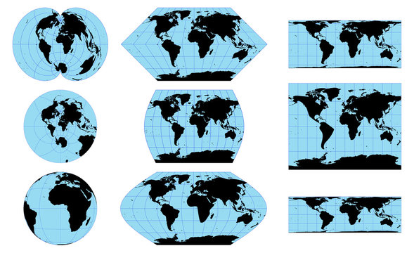 Vector outline world maps in different projections 