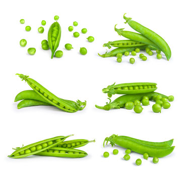 collection of fresh green peas isolated on white background