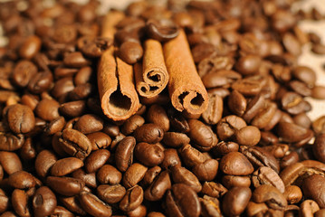 Coffee beans witn cinnamon sticks on the cloth sack