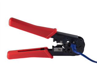 Isolated crimping pliers whith red handle and blue cord on white background