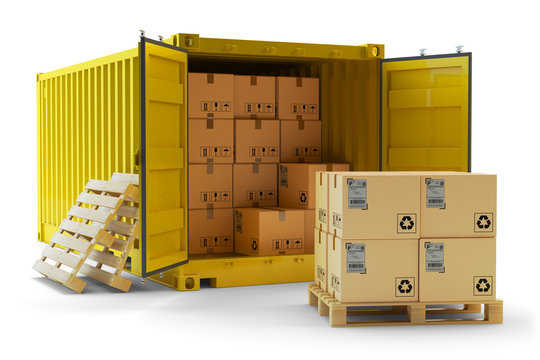 Cargo handling operation, freight transportation concept, open container full of cardboard boxes and stack of packages on pallet isolated on white background
