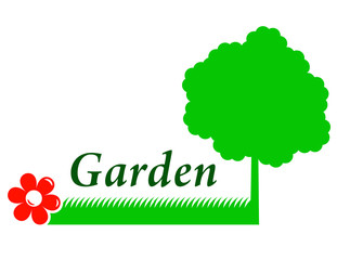 garden background with tree silhouette, grass and red flower