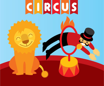 Jumping lion in circus. Animal trainer and lion jumping in circus over the ring.