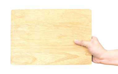 Hand holding wood plate isolated on white background, Template m