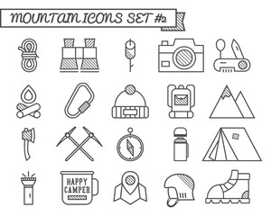 Set of Camp, travel icons, thin line style, flat design