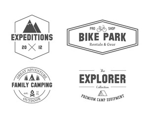 Set of outdoor explorer, family camp badge, logo and label