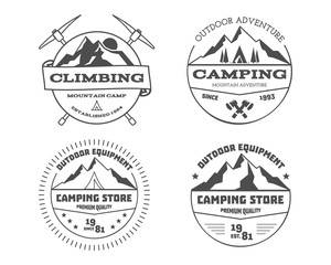 Set of monochrome outdoor camping adventure and mountain