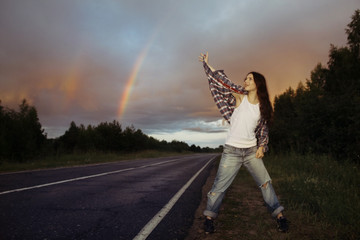 Fototapeta na wymiar young girl teenager rainbow road